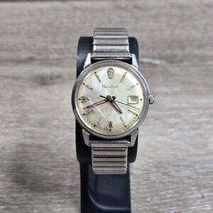 Vintage Bulova Stainless Steel Mechanical Date Watch Silver Speidel Band 60s